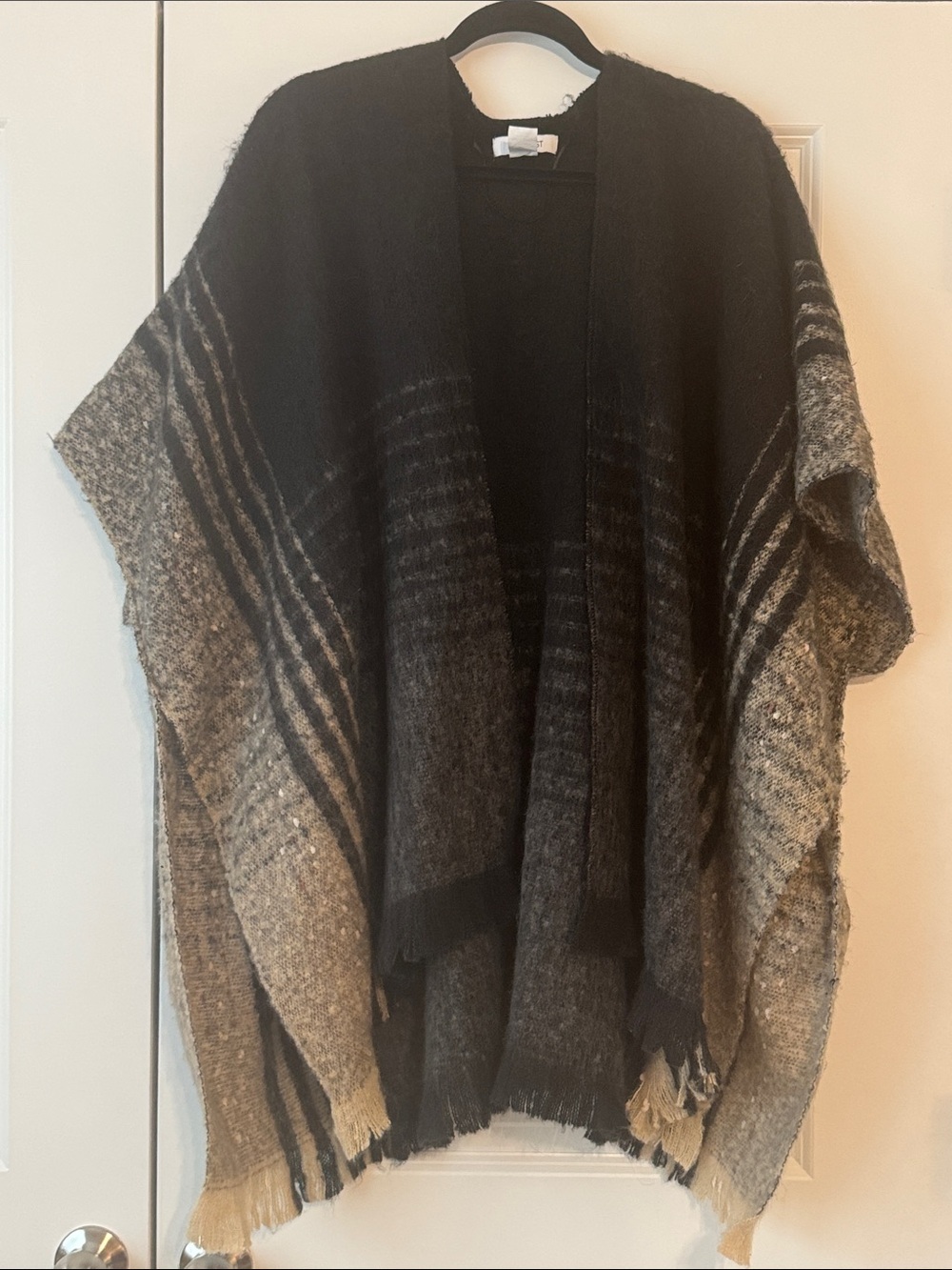 Nine West Black, Gray and Cream Striped Fringe Poncho